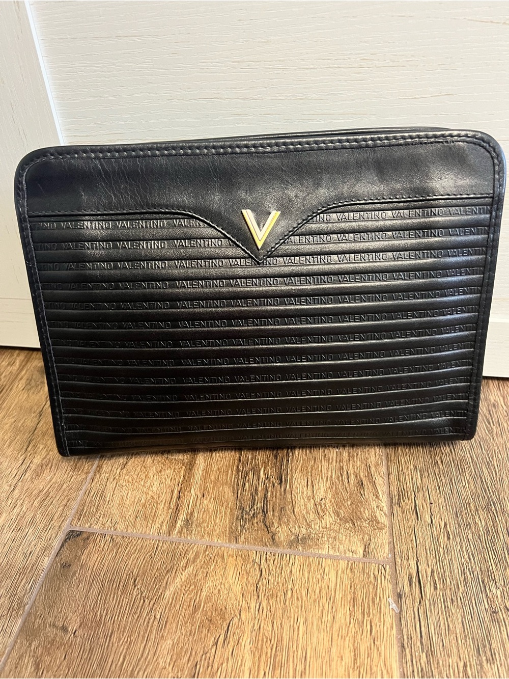 Vintage Mario Valentino Black Embossed Leather V Logo Clutch - Like New